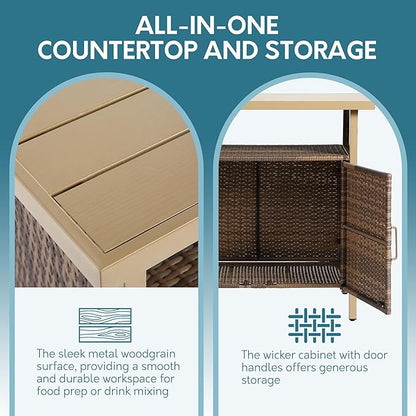 Outdoor Indoor Storage Cabinet with Rolling Wheels, Patio Serving Cart with Bar Table and Wicker Cabinet, Kitchen Island Prep Table, Beige