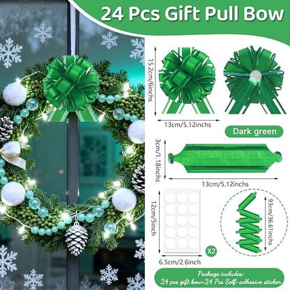 24pcs Green Pull Bow for Gift Basket Wrapping Xmas Gift Bows Adhesive Presents Wrap Ribbon Bow for Christmas Tree Ornament Wine Bottles Bouquet Flower Valentine's Day Party Decor (Green-G)
