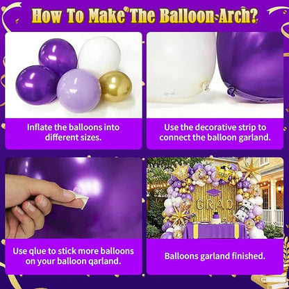 Graduation Balloon Arch Garland Kit Purple Gold White Graduation Decorations 2026 for College High School Class of 2026 Grad Party Prom Decor