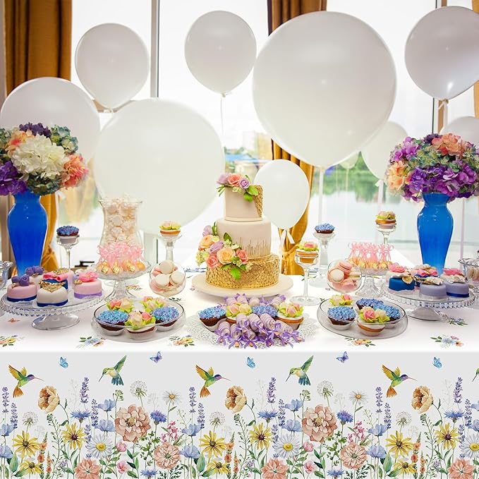 3 Pack Spring Summer Floral Tablecloth Decorations, Wildflower Plastic Disposable Table Cloth, Wild Flower Rectangle Table Cover for Garden Picnic Baby Shower Tea Party Decorations, 54x108 Inch