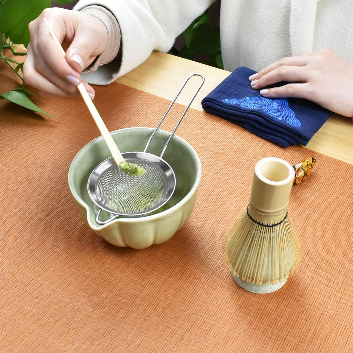 Artcome 7 Pcs Japanese Matcha Tea Set - Matcha Bowl with Pouring Spout, Matcha Whisk, Tea Scoop, Whisk Holder, Handmade Matcha Ceremony Kit For Japanese Tea Ceremony, Mottled Green