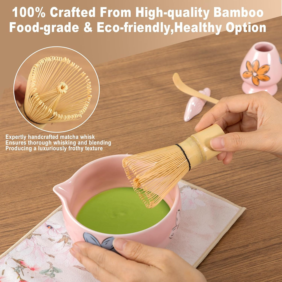 Matcha Whisk Set Pink,8pcs Matcha Set Whisk And Bowl,Matcha Kit With Bamboo Whisks,Ceramic Matcha Bowl,Sifter,Scoop,Holder,Towel,Stand,Spoon