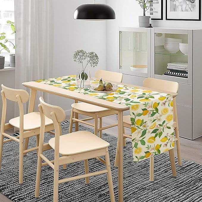 Yellow Lemon Table Runner,Spring Floral Summer Fruits Print Table Decoration for Farmhouse Kitchen Dinner Dining Table Holiday Party Home Decor 13x108in