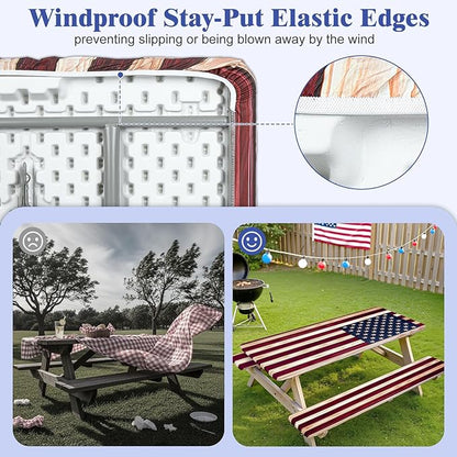 Picnic Table Cover with Bench Covers Windproof Waterproof Picnic Table Covers Camping Tablecloth with Self-Storage Bag, 72in, Vintage Wood Flag