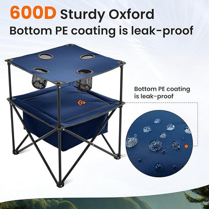 Portable Outdoor Folding Camping Table with 4 Cup Holders & Cooler Compartment, Waterproof Picnic Table for Picnic, BBQ, Beach, Hiking (Navy Blue)