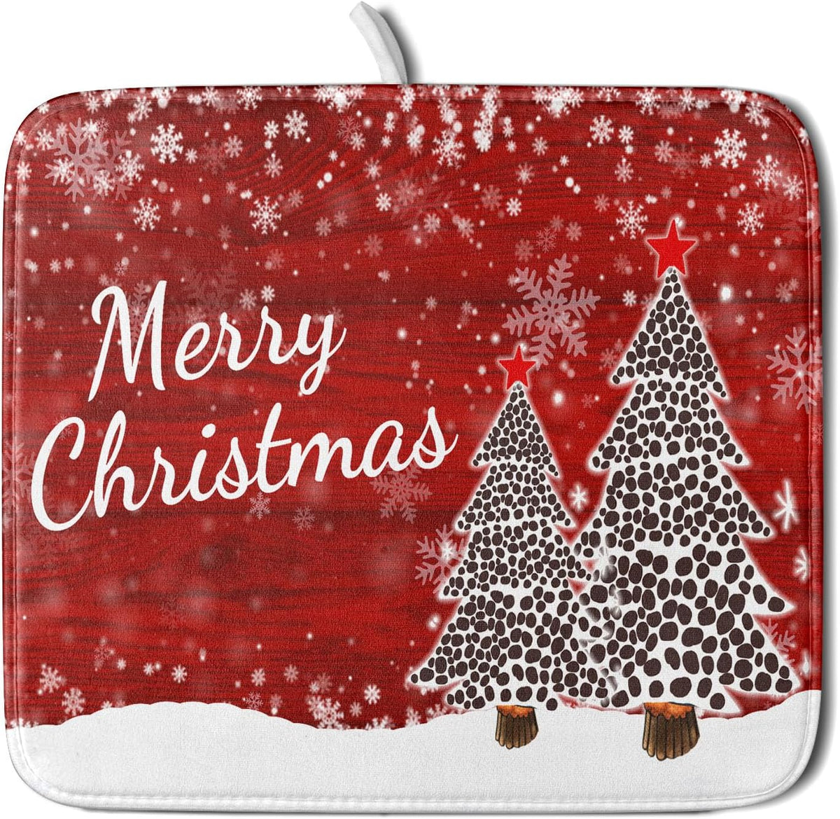 Merry Christmas Tree Red Dish Drying Mat for Kitchen Counter,Winter Snowflake Pine Drying Mat 16 x 18 Inch with Absorbent Reversible Microfiber Dish