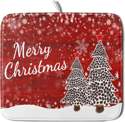 Merry Christmas Tree Red Dish Drying Mat for Kitchen Counter,Winter Snowflake Pine Drying Mat 16 x 18 Inch with Absorbent Reversible Microfiber Dish