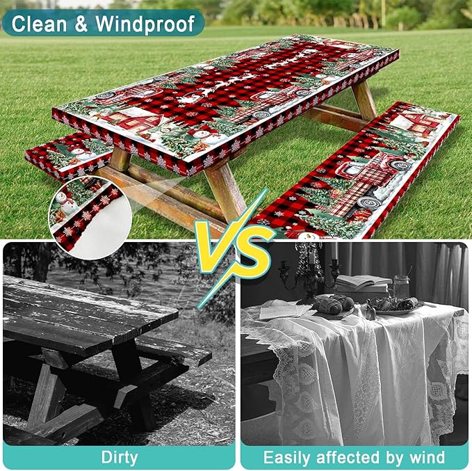 Christmas Picnic Table Cover with Bench Covers and Bag, Camping Essentials, Red Plaid Xmas Waterproof Windproof, Fitted Tablecloth Cover with Elastic Edge, for Indoor & Outdoor, 3 PCS, 30x72 Inch
