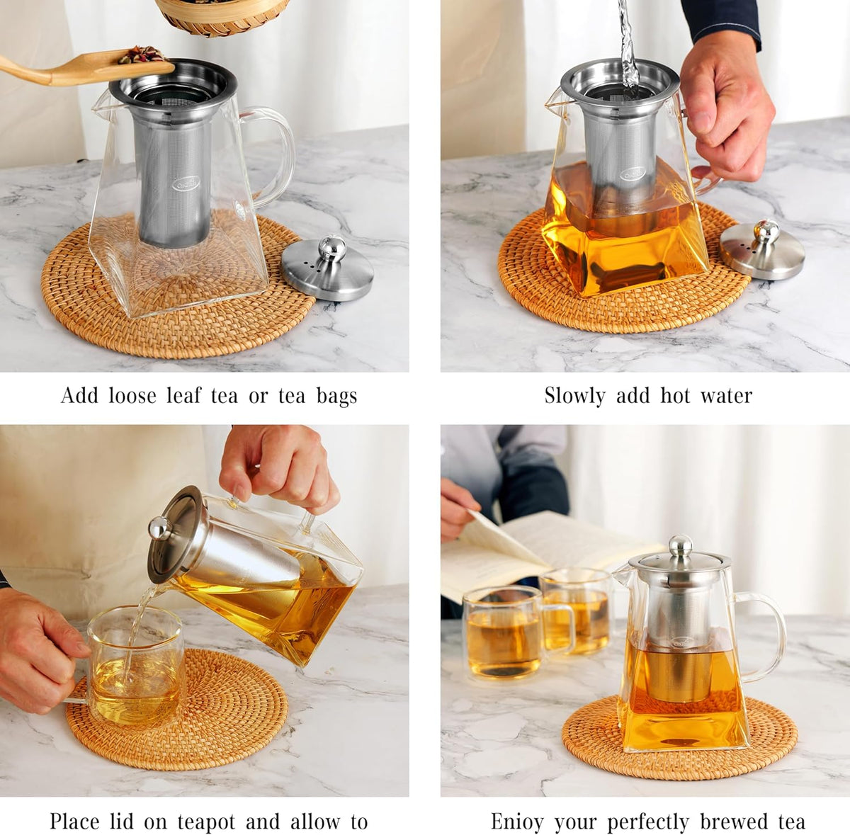 Cnglass Glass Teapot with Infuser,31oz Clear Glass Tea Kettle with Removable Stainless Steel Strainer