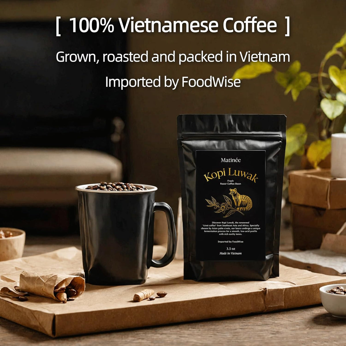 Matinée Wild Kopi Luwak Coffee Whole Beans, Medium Roast Luwak Coffee Gifts, Produce of Vietnam, 3.5oz / 100 Grams
