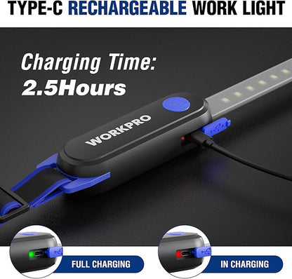 WORKPRO Rechargeable Underhood Work Light, 25inch Long Foldable LED Work Light Bar, 3 Lighting Modes with Adjustable Straps and Hooks, Magnetic Light for Car Repairing/Garage/Workshop/Emergency