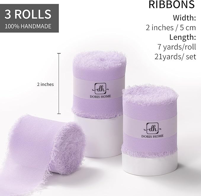 DORIS HOME Light Purple Chiffon Ribbon for Flower Bouquet, 2" x21Yd Fabric Ribbon for Gift Wrapping, Handmade Frayed Ribbon for Wedding, Chiffon Silk Ribbon for Christmas Decorations