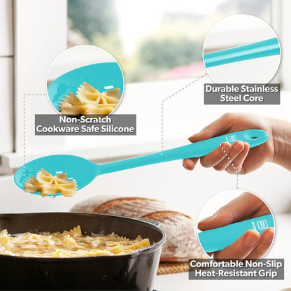 DI ORO Silicone Cooking Spoons - Large Mixing, Serving & Stirring - 600F Heat-Resistant Non-Stick - Big Solid & Slotted Basting Spoons