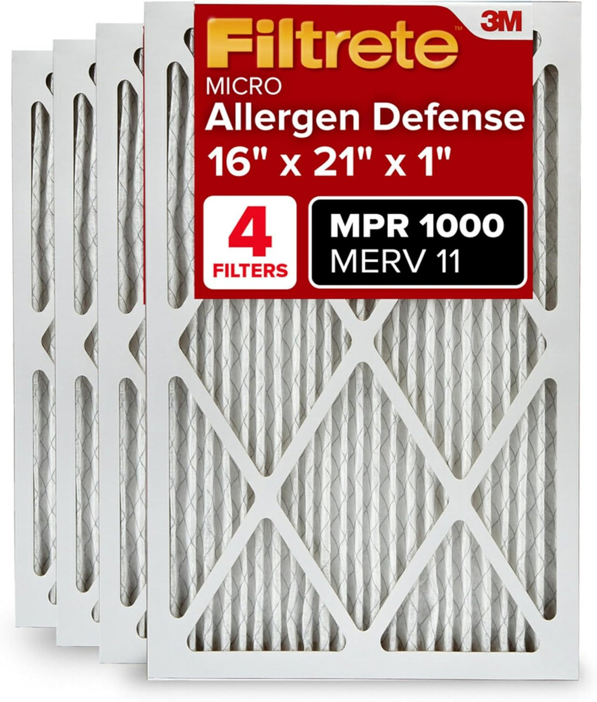 Filtrete 16x21x1 AC Furnace Air Filter, MERV 11, MPR 1000, Micro Allergen Defense, 3-Month Pleated 1-Inch Electrostatic Air Cleaning Filter, 4 Pack