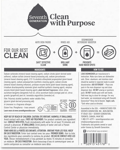 Seventh Generation Power Plus Dishwasher Detergent Packs Fresh Citrus scent Pack of 6 for sparkling dishes Dishwasher tabs, 15 count