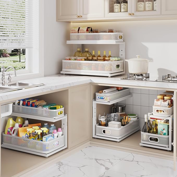 2 Pack 21IN-Depth Under Sink Organizer With Next-Gen Ball-Bearing Slides,2-Tier Precision Mesh Pull Out Cabinet Storage for Bathroom&Kitchen,Height Adjustable Drawers Shelf,Anti-rust-White