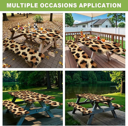 ANNA QUEEN 6FT Leopard Picnic Table Cover with Bench Covers Picnic Table Cover Set 3PCS 72"x30", Waterproof Outdoor Bench and Tablecloth Furniture Protection for Camping Beach BBQ