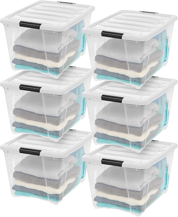 IRIS USA 6-Pack 54 Quart Stackable Storage Bins with Lids [Made in USA] - Everyday Organizer Latching Clear Plastic Organization Containers Closet Bedroom Shelving Units Home Storage - Clear/White