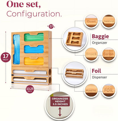Bamboo Kitchen Storage Bag Organizer, Drawer Organizer with Foil Dispenser, Bamboo Organizer for Sandwich Bags, Plastic Wrap, Baggie and Foil, Premium Kitchen Drawer Organizer