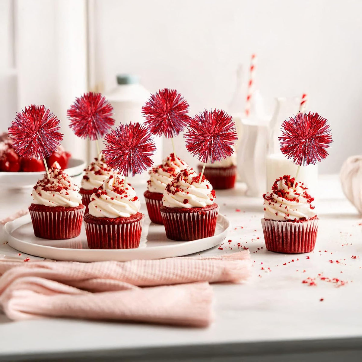 Ephlyn 30Pcs Foil Firework Cupcake Toppers Sparkle Tinsel Cupcake Picks Happy Birthday Cake Toppers Drink Stirrers Cocktail Food Fruit Toothpicks for Baby Shower Birthday Party Supplies Red