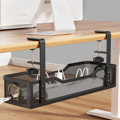 Under Desk Cable Management Large, Cinati 16" Cable Management Box for Table Thickness up to 3", Wire Cord Organizer with Clamp No Drill, No Damage to Desk (Black)
