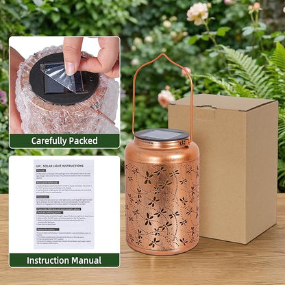 Solar Lantern Outdoor Waterproof, Gifts for Women Mom Grandma, Hanging Metal Light Dragonfly Garden Decor for Yard Patio Lawn