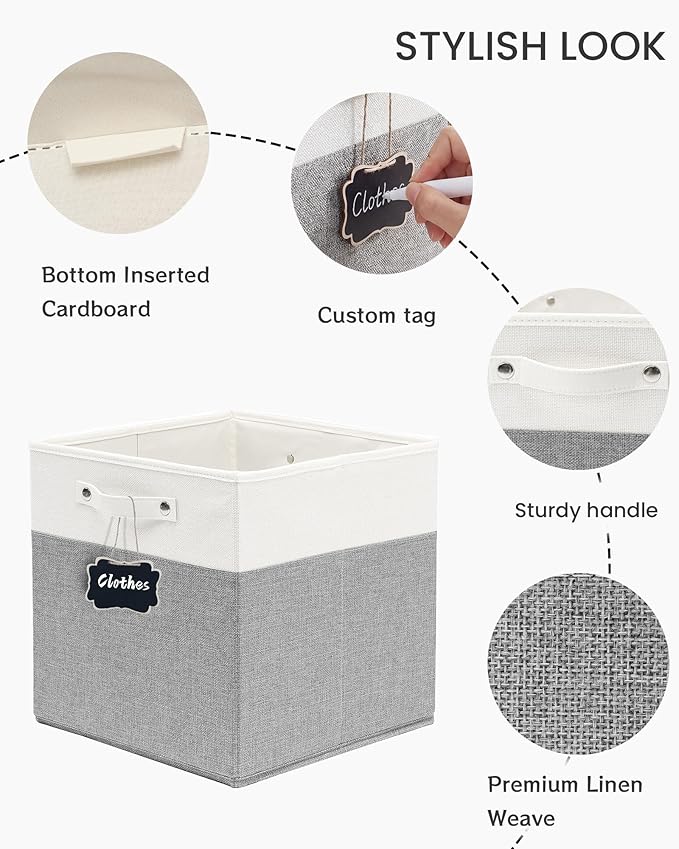 FinishingBo 13x13x13 Inches Fabric Storage Bin with Handles, Cube Storage Bins, Storage Baskets for Organizing Shelf Home Closet,6 Pack (White and Grey)