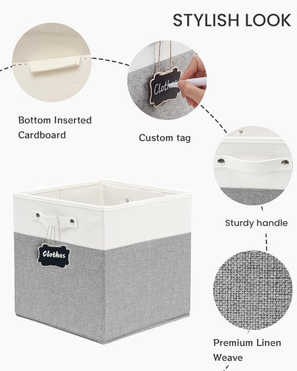 FinishingBo 13x13x13 Inches Fabric Storage Bin with Handles, Cube Storage Bins, Storage Baskets for Organizing Shelf Home Closet,6 Pack (White and Grey)