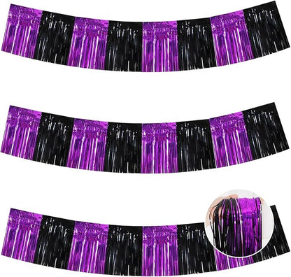 BEISHIDA 3 Packs Metallic Foil Fringe Garland Black Purple Wall Hanging Tinsel Fringe Banners for Halloween Car Floats Bridal Shower Wedding Birthday Easter Graduation Holiday Party Decoration (30 Ft)