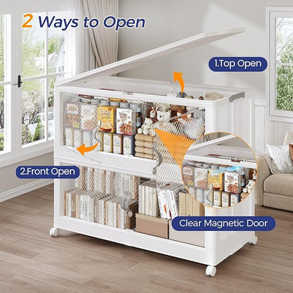 120Gal/480QT 4-Tiers Extra Large Stackable Storage Bins with Lid, Collapsible Cabinet Closet Organizer Plastic Container Box with Wheels Doors Drawers for Living Room Kitchen Office, White