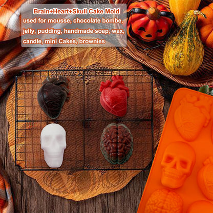 2 Pack Brain Heart Skull Cake Mold, 3D Human Organ Brain Jello Mold Halloween Silicone Molds Heart Skull Brain Chocolate Mold for Halloween Baking