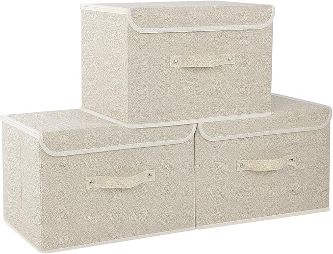 Fabric Storage Bins Cube Organizers with Flip-Top Lid and Handles,Storage Boxes for Organizing Home,Office,and Closet,Grey and Beige,3 Pack 15 x 9.8 x 9.8 in