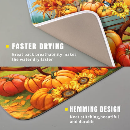 Thanksgiving Autumn Harvest Pumpkin Dish Drying Mat for Kitchen Counter,Sunflowers and Cart Drying Mat 16 x 18 Inch Microfiber Dish Drying Pad Ear of