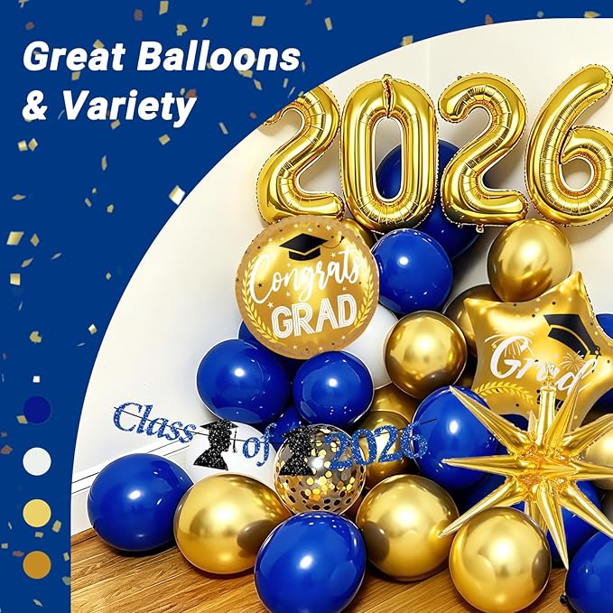 Blue and Gold Graduation Decorations 2026 with Fringe Curtain Banner Metallic Gold Confetti Royal Blue White Balloons for Graduation Decorations 2026