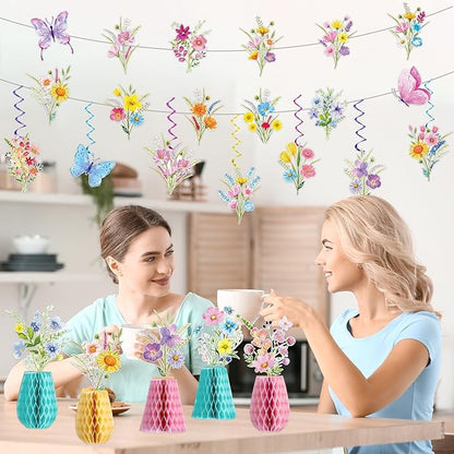 14PCS Spring Wildflower Party Decorations Wild Flower Garland Floral Banners Hanging Swirls Flower Honeycomb Centerpieces for Easter Baby Shower Wedding Garden Birthday Butterfly Party Decor Supplies