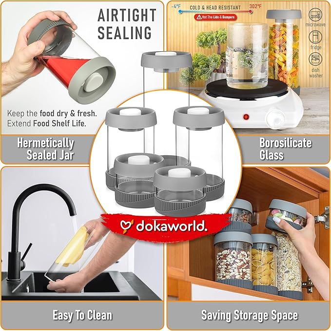 Glass Canisters Set - Kitchen Leakproof Seal Food Storage Jars - Coffee Bean Container - Pack of 5 Glass Canisters With Vacuum Airtight Lids for Cereal, Pet Treats, Nuts, Candy