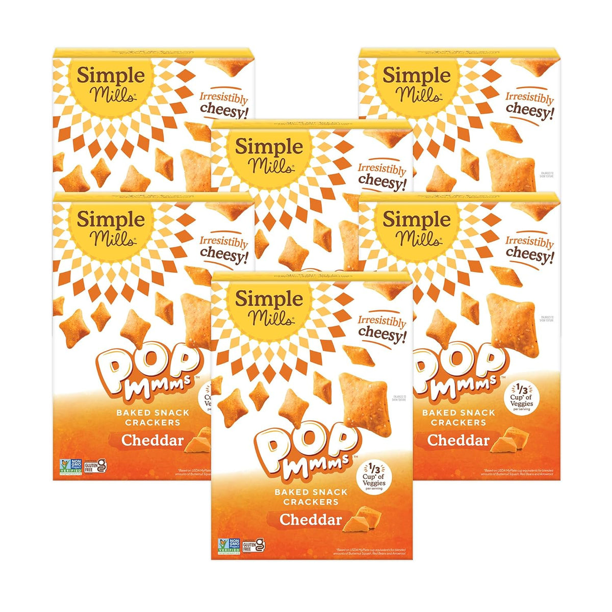 Simple Mills Pop Mmms Veggie Flour Baked Snack Crackers, Cheddar, Nothing Artificial, Kosher, Gluten Free & Non-GMO, 4 Ounce (Pack of 6)