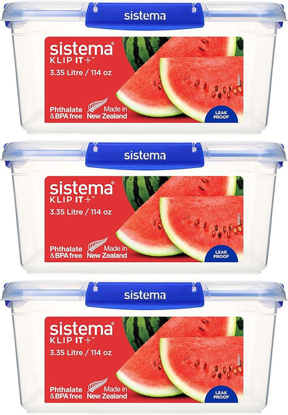 Sistema KLIP IT+ 3.35L Rectangle Food Storage Containers (3-Pack), Stackable & Airtight Food Boxes with Lids, Dishwasher, Freezer, & Microwave-Safe, BPA-Free, School Lunch Boxes