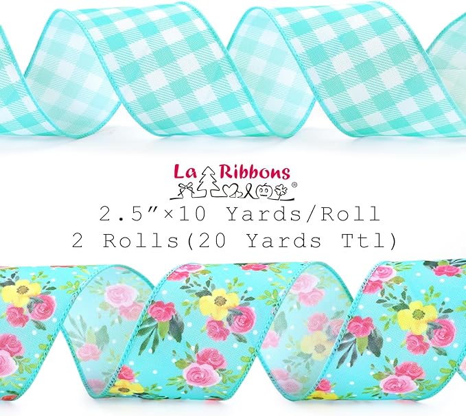 LaRibbons Blue Floral Ribbon Wired 2 Rolls 2.5 Inch x 20 Yards TTL, Rose Flower and Buffalo Plaid Burlap Ribbon for Spring Summer Crafts Gift Wrapping Wreath Bow Basket Decoration