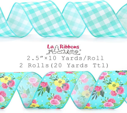 LaRibbons Blue Floral Ribbon Wired 2 Rolls 2.5 Inch x 20 Yards TTL, Rose Flower and Buffalo Plaid Burlap Ribbon for Spring Summer Crafts Gift Wrapping Wreath Bow Basket Decoration