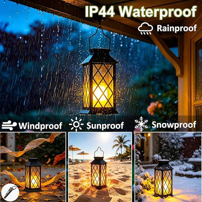 Solar Lanterns Outdoor Waterproof, Flickering Candles Hanging Solar Lights for Outside Garden Patio Wall Porch Decorative, Lamp with Upgraded Solar Panel, Tempered Glass & Clip, Black 2 Pack
