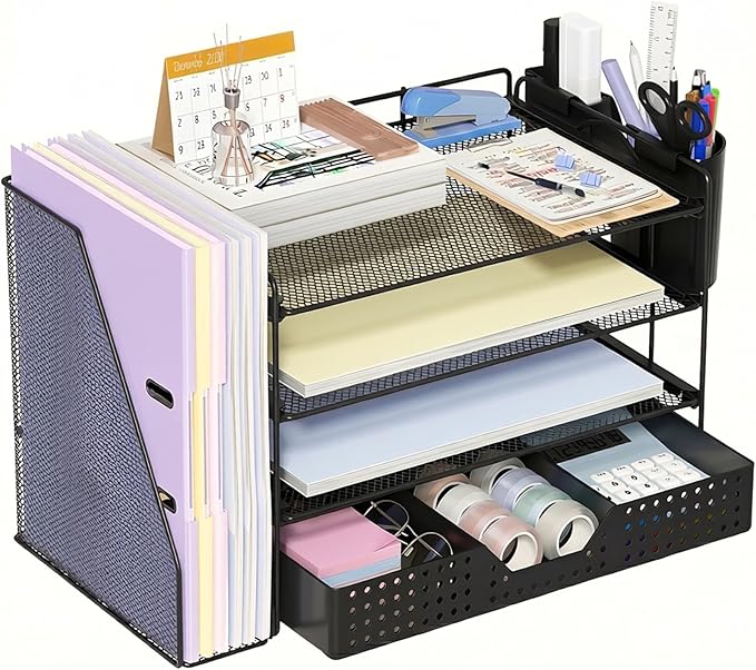 ECOLOVI Desk Organizer, 4-Tier Paper Organizer Letter Tray with File Holder, Drawer and 2 Pen Holders, Desktop File Organizer for Office Supplies, Workspace Storage, Black