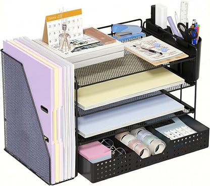 ECOLOVI Desk Organizer, 4-Tier Paper Organizer Letter Tray with File Holder, Drawer and 2 Pen Holders, Desktop File Organizer for Office Supplies, Workspace Storage, Black