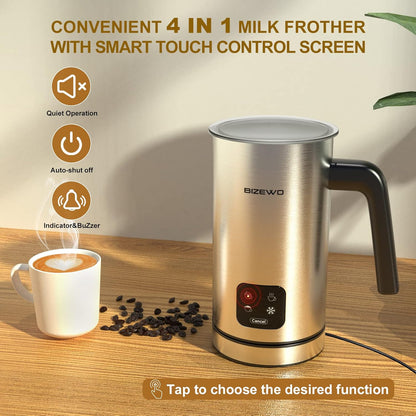 Bizewo Milk Frother Electric, Warm and Cold Milk Steamer, 4 IN 1 Automatic Milk Warmer Stainless Steel with Touch Screen for Coffee, Latte, Macchiato