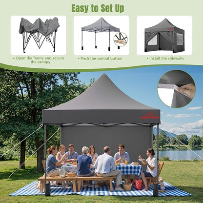 10x10 Heavy Duty Pop Up Canopy with 4 Sidewalls, 550D Commercial Easy Up Canopy Tent, Waterproof Outdoor Party Event Tent with Roller Bag, Grey