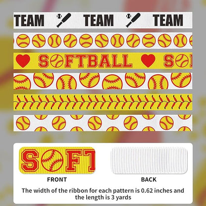 Softball Ribbon, 6 Pack (5/8 Inch x 3 Yards Each), Grosgrain Sport Ball Ribbon for Hair Bows, Team Banners, Crafts, DIY Headbands, Gifts