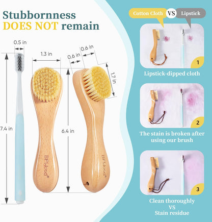 BFWood 2PCS Laundry Stain Brush - Natural Soft Boar Bristles, Removes Tough Stains from Delicate Fabrics Like Knits, Cotton, and Linens, Gentle on Fabrics, No Damage