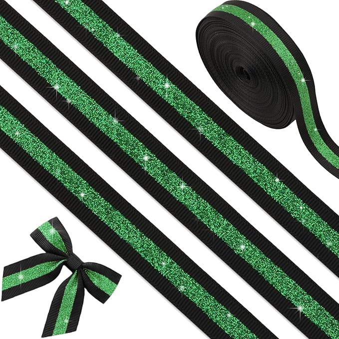 Black Green Glitter Grosgrain Ribbon 5/8" x 10 Yards, No-Shed Cheer Ribbon for Cheerleading Hair Bows, Homecoming Mum Supplies,School Spirit,St Patricks Day Decorations Gift Wrapping Crafts