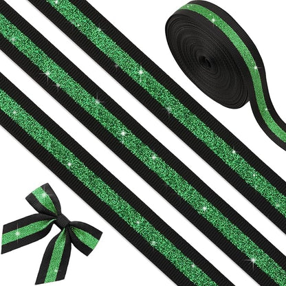 Black Green Glitter Grosgrain Ribbon 5/8" x 10 Yards, No-Shed Cheer Ribbon for Cheerleading Hair Bows, Homecoming Mum Supplies,School Spirit,St Patricks Day Decorations Gift Wrapping Crafts