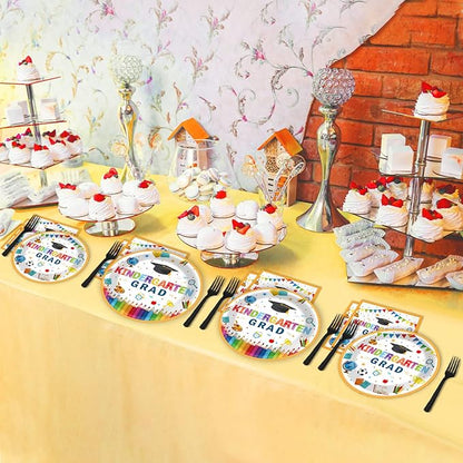 Kindergarten Graduation Party Supplies Pre-K Grad Tableware Set Preschool Graduation Plate Napkin Kindergarten Disposable Paper Dinnerware Kit for Graduate Party decoration Favor 24 Guest (White)